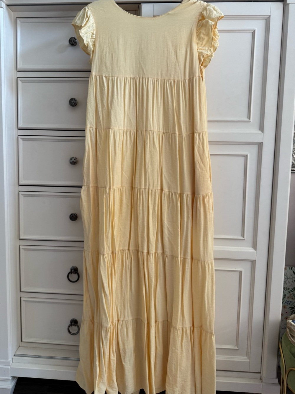 English Factory Light Yellow Tiered Maxi Dress with Ruffle Sleeves and Bow tie